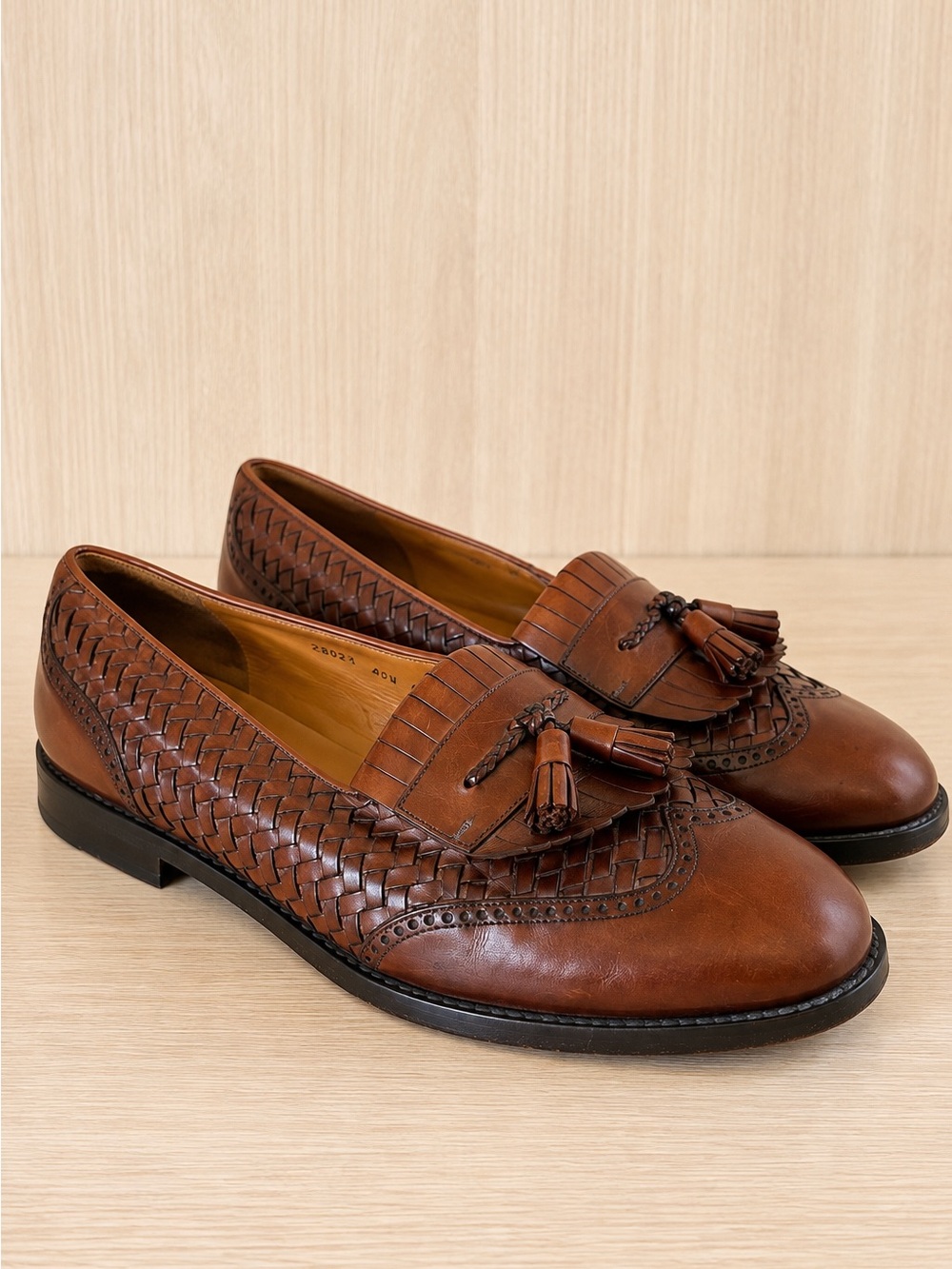 Mezlan Alicante Men’s Brown Woven Leather Tassel Loafers Size 10.5 Made in Spain